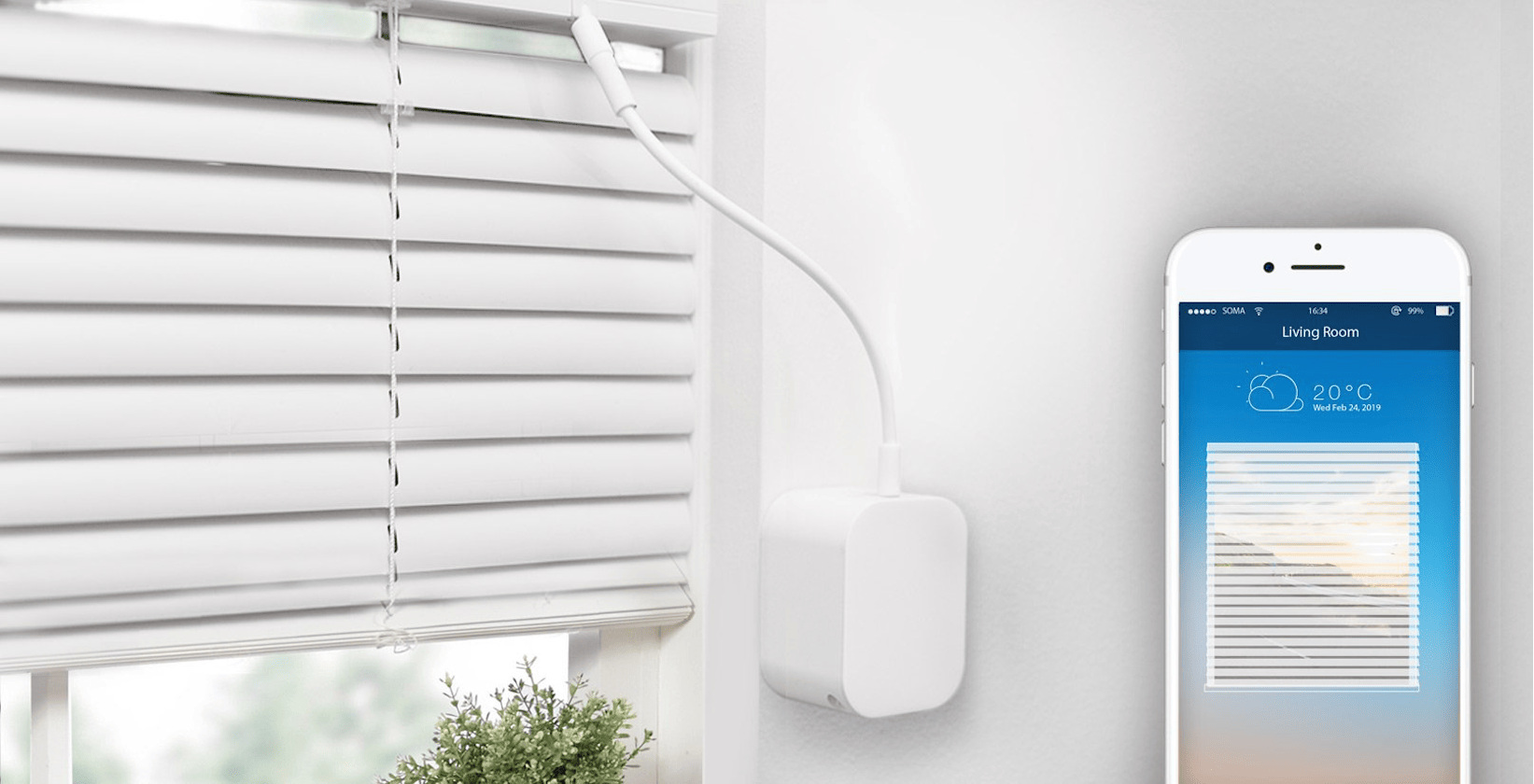 SOMA Tilt 2 installed on a window blind with mobile phone showing the Smart Shades app